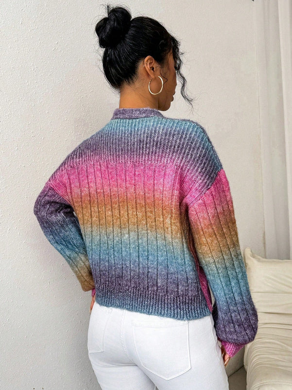 Relaxiva cardigan de punto con botones delanteros, manga larga, de color ombre, hecho de un hilado jaspeado y tejido de nervio