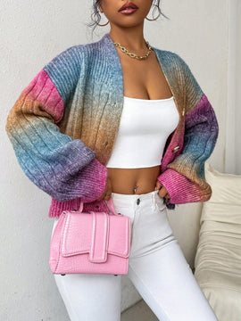 Relaxiva cardigan de punto con botones delanteros, manga larga, de color ombre, hecho de un hilado jaspeado y tejido de nervio