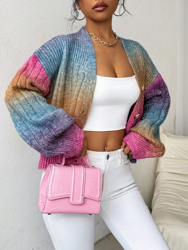 Relaxiva cardigan de punto con botones delanteros, manga larga, de color ombre, hecho de un hilado jaspeado y tejido de nervio