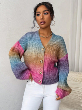 Relaxiva cardigan de punto con botones delanteros, manga larga, de color ombre, hecho de un hilado jaspeado y tejido de nervio