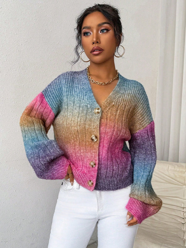 Relaxiva cardigan de punto con botones delanteros, manga larga, de color ombre, hecho de un hilado jaspeado y tejido de nervio