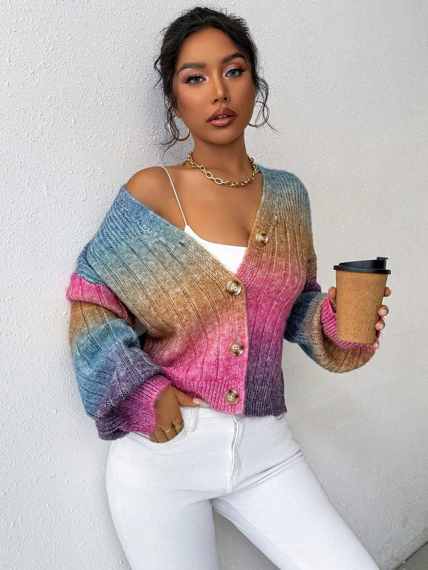 Relaxiva cardigan de punto con botones delanteros, manga larga, de color ombre, hecho de un hilado jaspeado y tejido de nervio