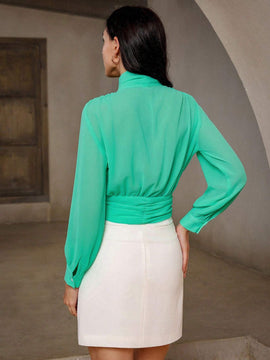 Blusa corta de moda de manga larga de chifon con lazo de cinta para atar para atuendos casuales de verano de mujer