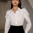 Camisa transparente de moda de alta gama con diseno floral 3D y manga larga para mujeres para uso diario