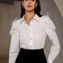 Camisa transparente de moda de alta gama con diseno floral 3D y manga larga para mujeres para uso diario