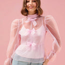 Enchnt Blusa de organo con cuello falso, lazo delantero, manga con volantes y sin top de encaje