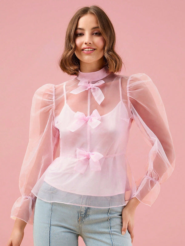 Enchnt Blusa de organo con cuello falso, lazo delantero, manga con volantes y sin top de encaje