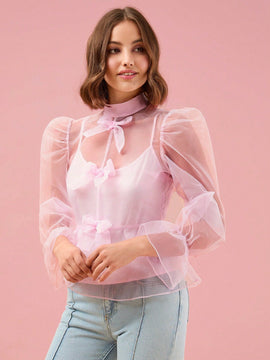 Enchnt Blusa de organo con cuello falso, lazo delantero, manga con volantes y sin top de encaje