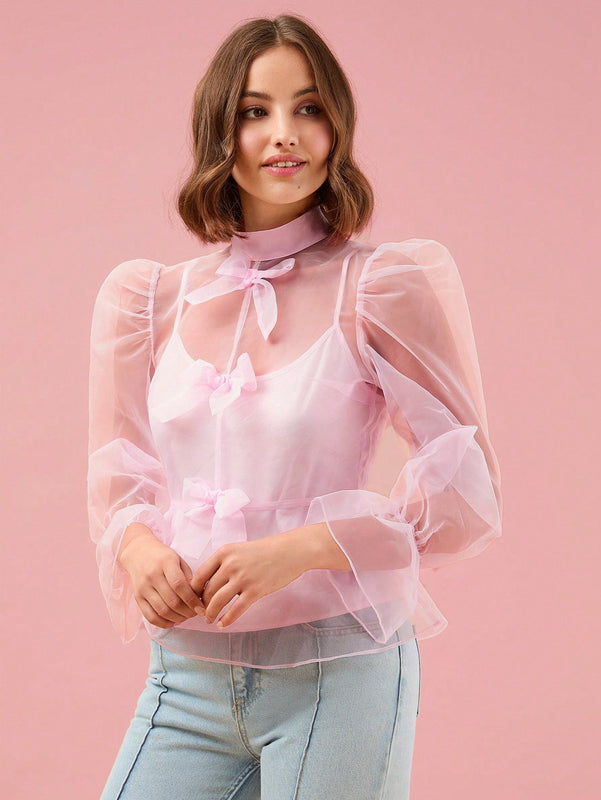 Enchnt Blusa de organo con cuello falso, lazo delantero, manga con volantes y sin top de encaje