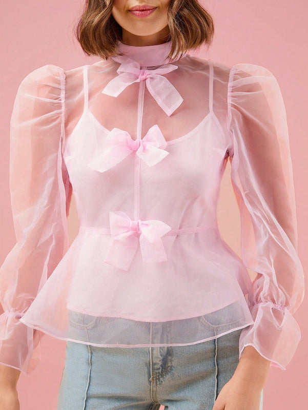 Enchnt Blusa de organo con cuello falso, lazo delantero, manga con volantes y sin top de encaje