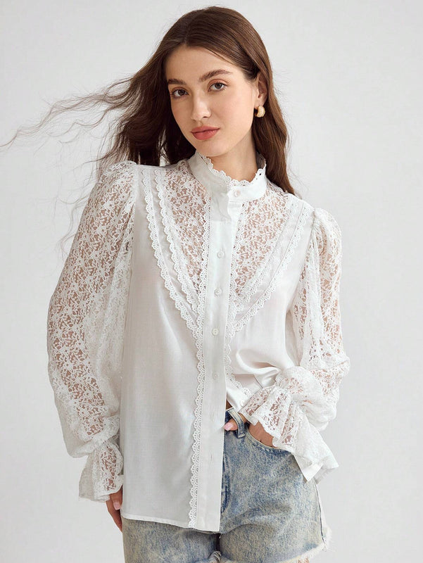 Enchnt Blusa con mangas abullonadas y encaje de contraste