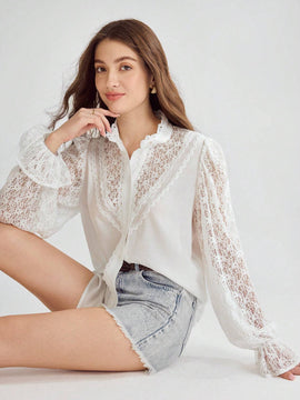 Enchnt Blusa con mangas abullonadas y encaje de contraste