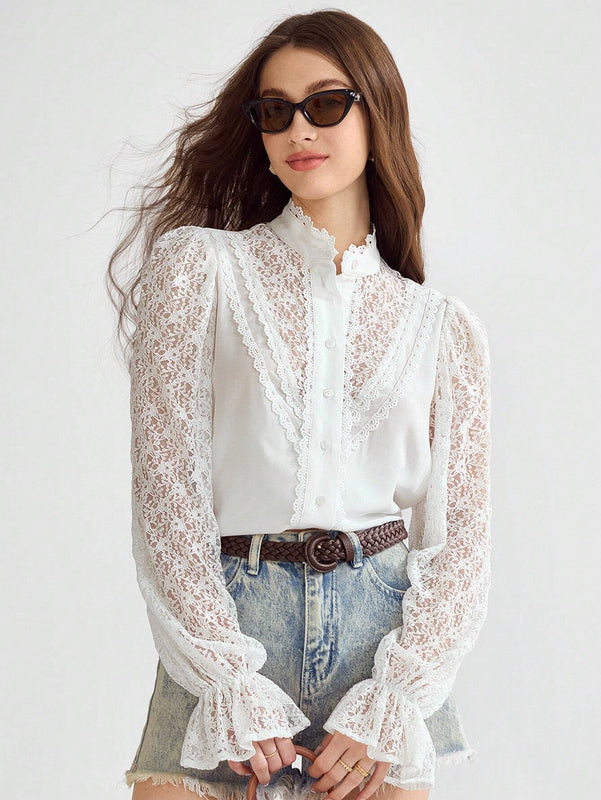 Enchnt Blusa con mangas abullonadas y encaje de contraste