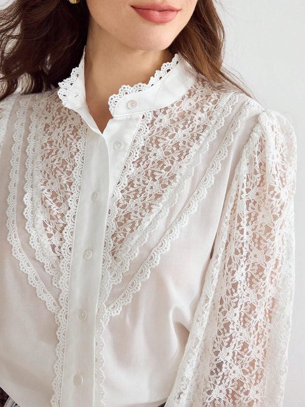 Enchnt Blusa con mangas abullonadas y encaje de contraste