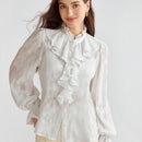 Enchnt Blusa de mujer con cuello alto, manga acampanada y volantes suaves y romanticos