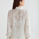 Enchnt Blusa de mujer con cuello alto, manga acampanada y volantes suaves y romanticos