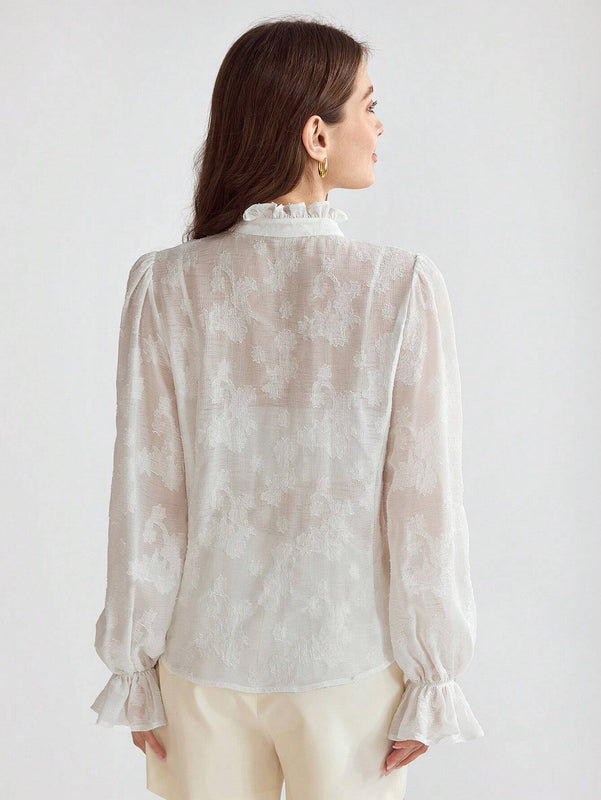 Enchnt Blusa de mujer con cuello alto, manga acampanada y volantes suaves y romanticos
