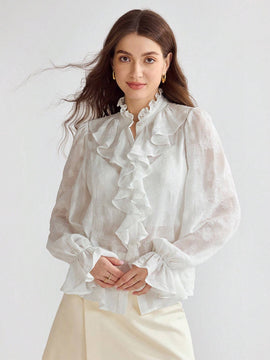 Enchnt Blusa de mujer con cuello alto, manga acampanada y volantes suaves y romanticos