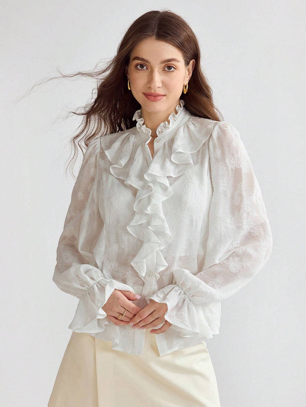 Enchnt Blusa de mujer con cuello alto, manga acampanada y volantes suaves y romanticos