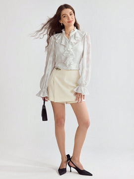Enchnt Blusa de mujer con cuello alto, manga acampanada y volantes suaves y romanticos