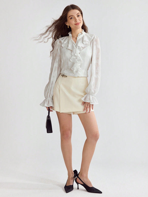 Enchnt Blusa de mujer con cuello alto, manga acampanada y volantes suaves y romanticos