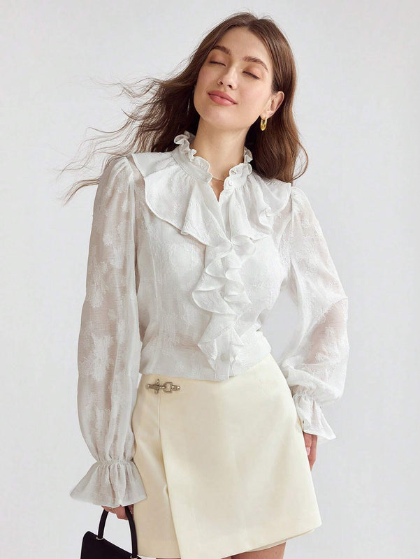 Enchnt Blusa de mujer con cuello alto, manga acampanada y volantes suaves y romanticos