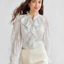 Enchnt Blusa de mujer con cuello alto, manga acampanada y volantes suaves y romanticos