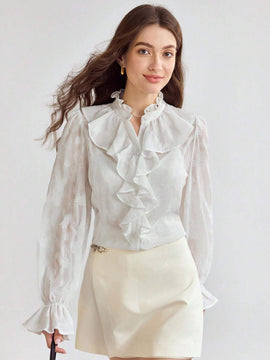 Enchnt Blusa de mujer con cuello alto, manga acampanada y volantes suaves y romanticos