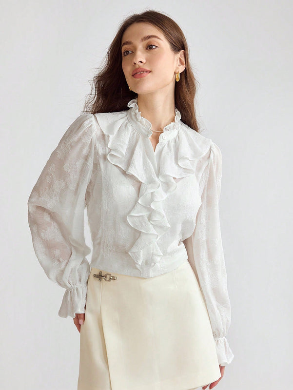 Enchnt Blusa de mujer con cuello alto, manga acampanada y volantes suaves y romanticos