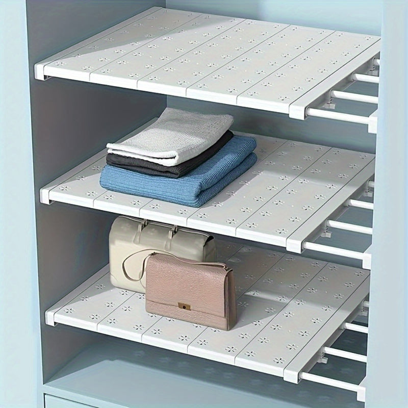 4 divisores ajustables para estantes de armario - Organizador expandible para guardarropas, baño, cocina - Instalación fácil sin taladrar con almohadillas de viscosa incluidas - Sistema de partición versátil