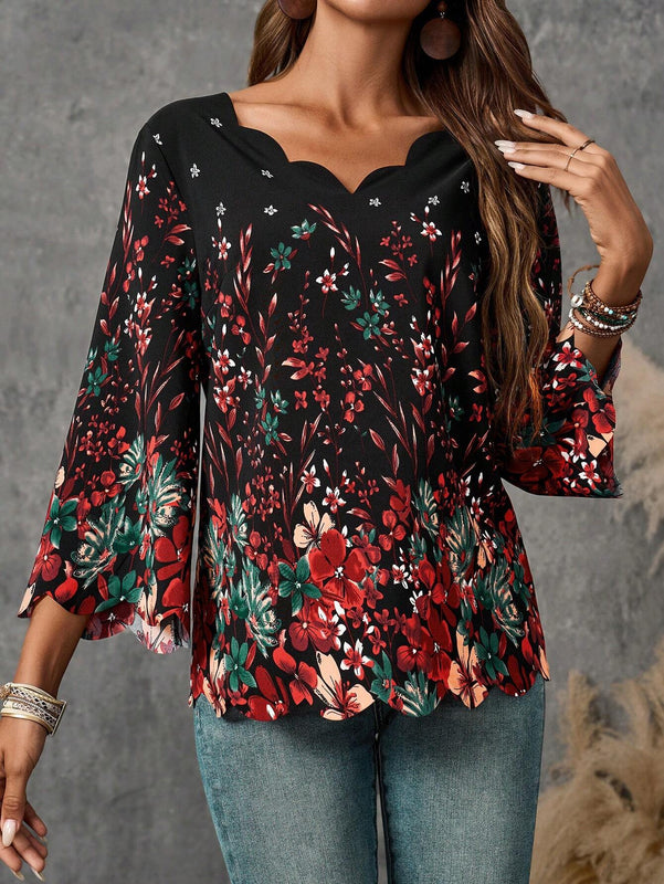 EMERY ROSE Camisa larga de manga larga para mujer con estampado floral y cuello de encaje decorado