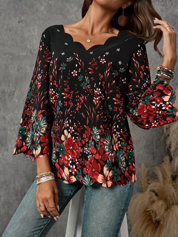 EMERY ROSE Camisa larga de manga larga para mujer con estampado floral y cuello de encaje decorado