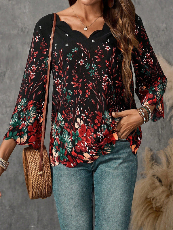 EMERY ROSE Camisa larga de manga larga para mujer con estampado floral y cuello de encaje decorado