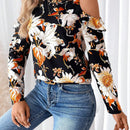 Camiseta elegante de mangas caidas y cuello redondo con ribete de volantes y estampado floral para mujer