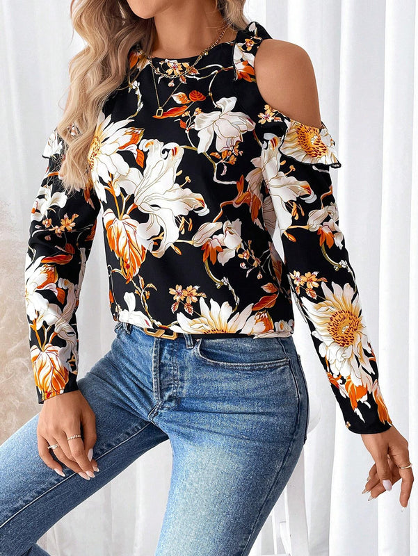 Camiseta elegante de mangas caidas y cuello redondo con ribete de volantes y estampado floral para mujer