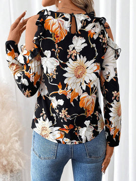 Camiseta elegante de mangas caidas y cuello redondo con ribete de volantes y estampado floral para mujer