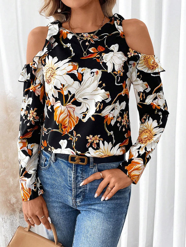 Camiseta elegante de mangas caidas y cuello redondo con ribete de volantes y estampado floral para mujer