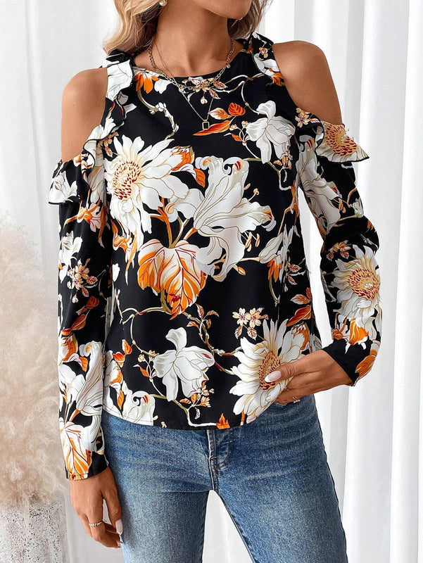 Camiseta elegante de mangas caidas y cuello redondo con ribete de volantes y estampado floral para mujer