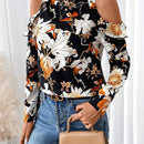 Camiseta elegante de mangas caidas y cuello redondo con ribete de volantes y estampado floral para mujer