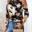 Camiseta elegante de mangas caidas y cuello redondo con ribete de volantes y estampado floral para mujer