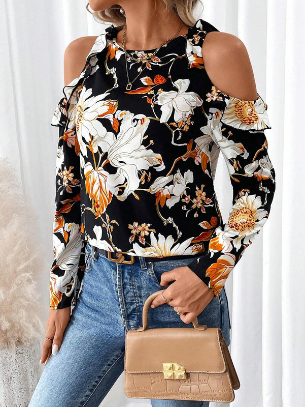 Camiseta elegante de mangas caidas y cuello redondo con ribete de volantes y estampado floral para mujer