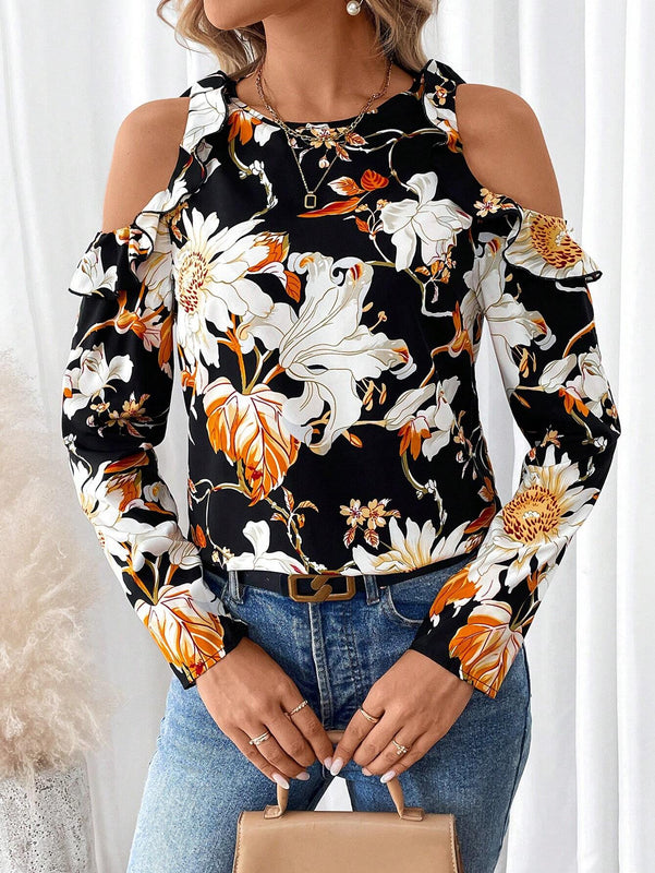 Camiseta elegante de mangas caidas y cuello redondo con ribete de volantes y estampado floral para mujer