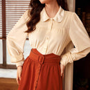 Camisa elegante de manga larga para mujer, camisa de terciopelo color albaricoque con pliegues en el pecho y cuello de solapa, camisa de estilo universitario para verano/otono