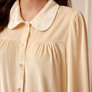 Camisa elegante de manga larga para mujer, camisa de terciopelo color albaricoque con pliegues en el pecho y cuello de solapa, camisa de estilo universitario para verano/otono