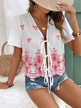 Blusa de encaje rojo de verano con bordado delicado, blusa de encaje bordada roja de verano, usar transpirable y comoda, adecuada para uso diario, vacaciones y viajes
