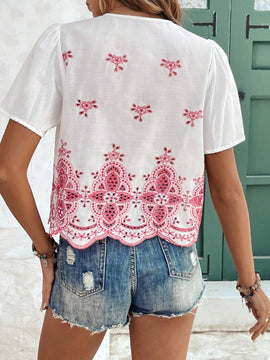 Blusa de encaje rojo de verano con bordado delicado, blusa de encaje bordada roja de verano, usar transpirable y comoda, adecuada para uso diario, vacaciones y viajes