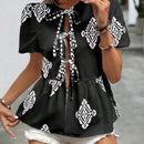 Camisa de manga corta con lazos delanteros con estilo bohemio de moda para mujer con mangas abullonadas