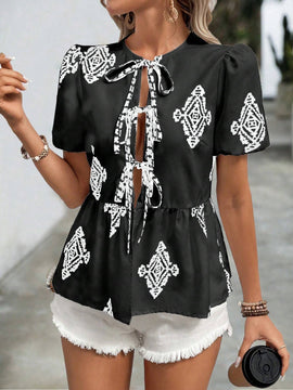 Camisa de manga corta con lazos delanteros con estilo bohemio de moda para mujer con mangas abullonadas