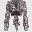 ROMWE Camisa de manga larga corta Fashion de verano con estampado de leopardo y frente retorcido de chifon