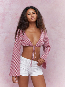 MISSGUIDED Parte superior corta a cuadros con frente abierto, detalles de corbata y mangas largas acampanadas